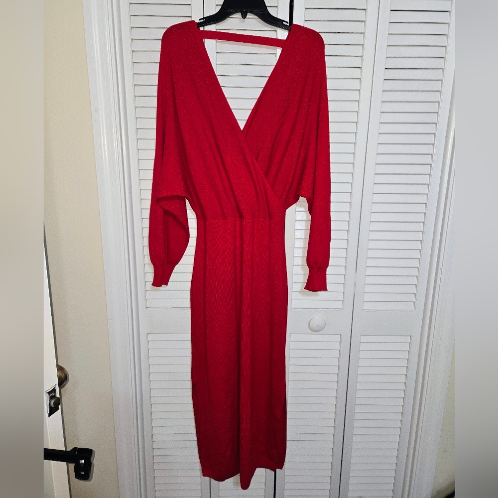 Women's XL Elegant Red Faux Wrap Sweater Dress